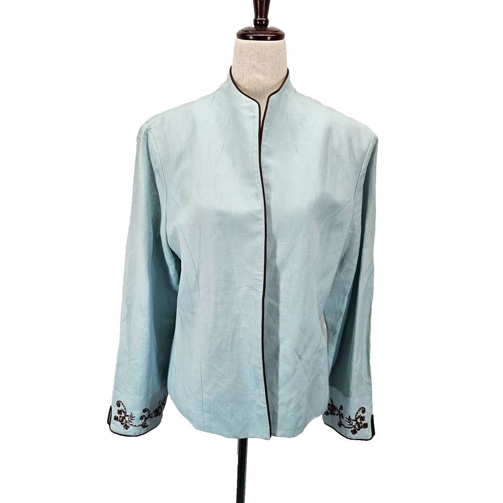 Coldwater Creek Linen Blend Open Front Jacket Teal Embroidery Beaded Womens 12